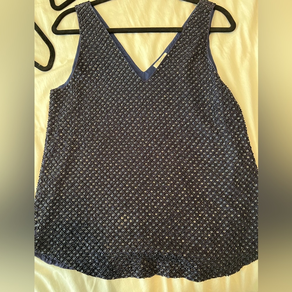 Joie Fully Beaded and Sequin Navy Tank Blouse